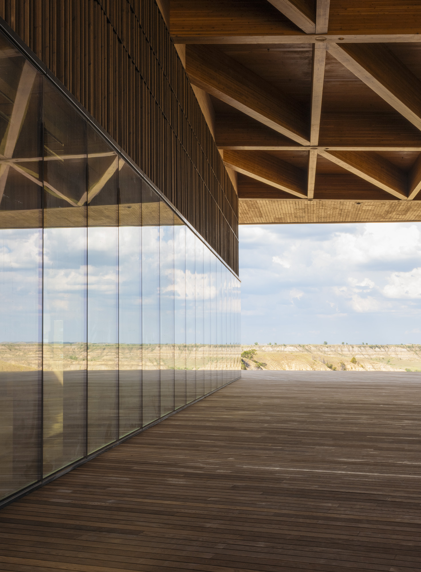interior views of timber structure inside Theodore Roosevelt Presidential Library