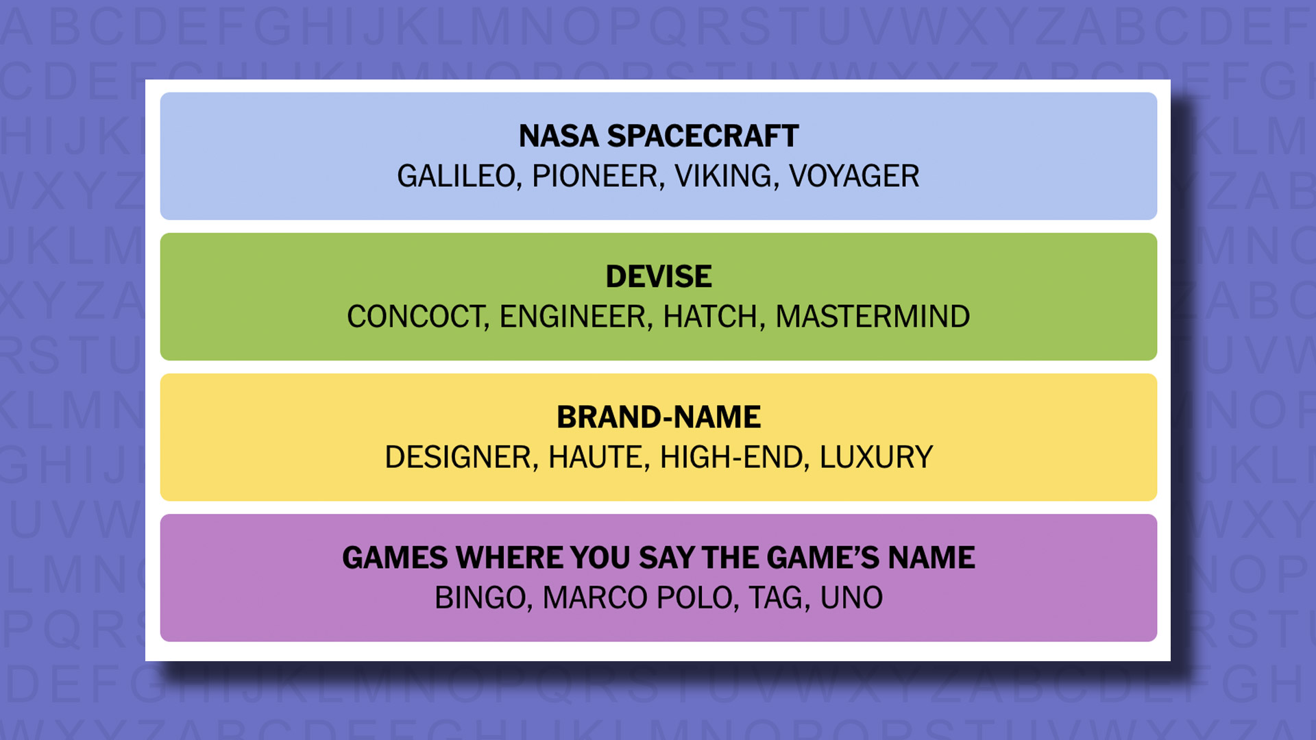 NYT Connections answers for game 499 on a purple background