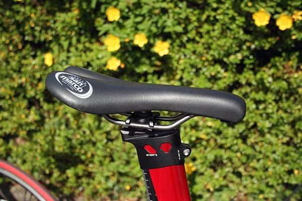 The fat nose of Cadel's San Marco saddle keeps things as comfortable as possible when he gets in his low position.