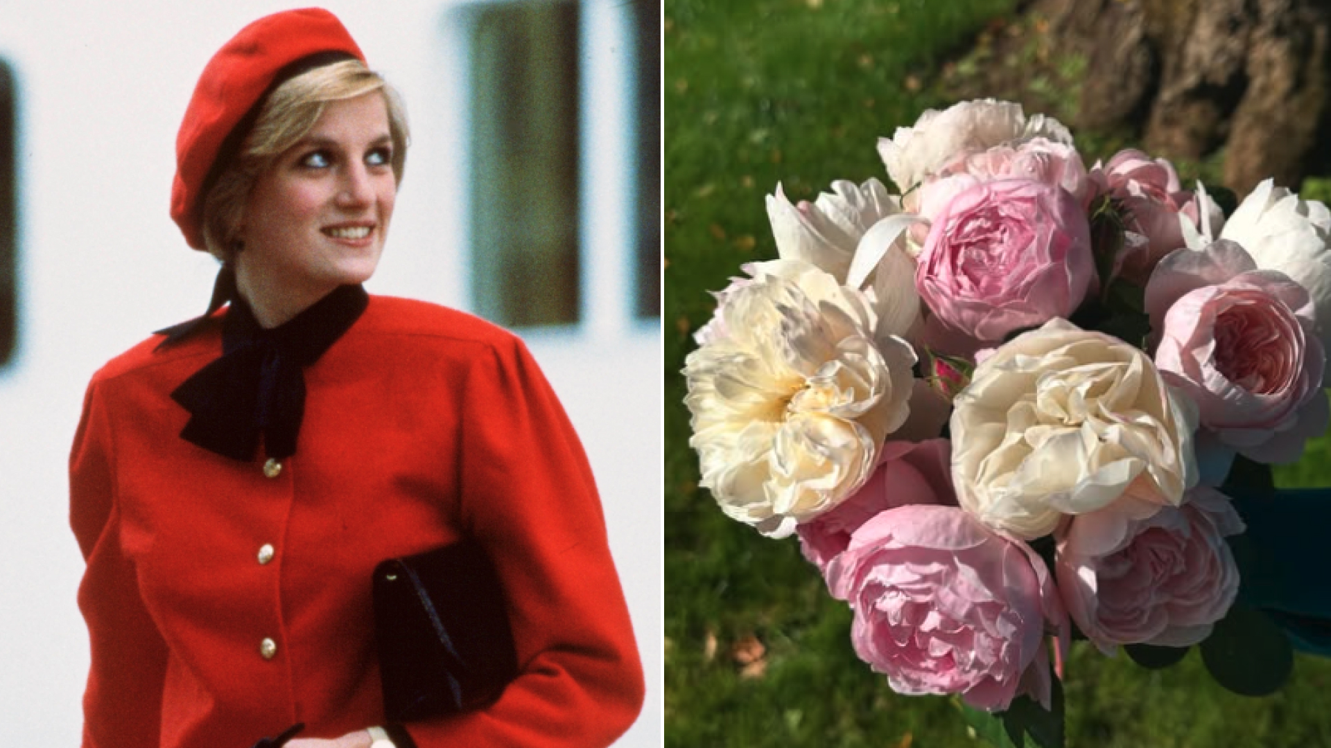 Princess Diana wears a red suit and a matching beret