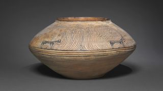 An Indus Valley Civilization ceramic vessel decorated with four ibex, circa 2800 B.C to 2500 B.C., Pakistan, probably Quetta. It measures 4.8 by 9 inches (12.2 by 23 centimeters).