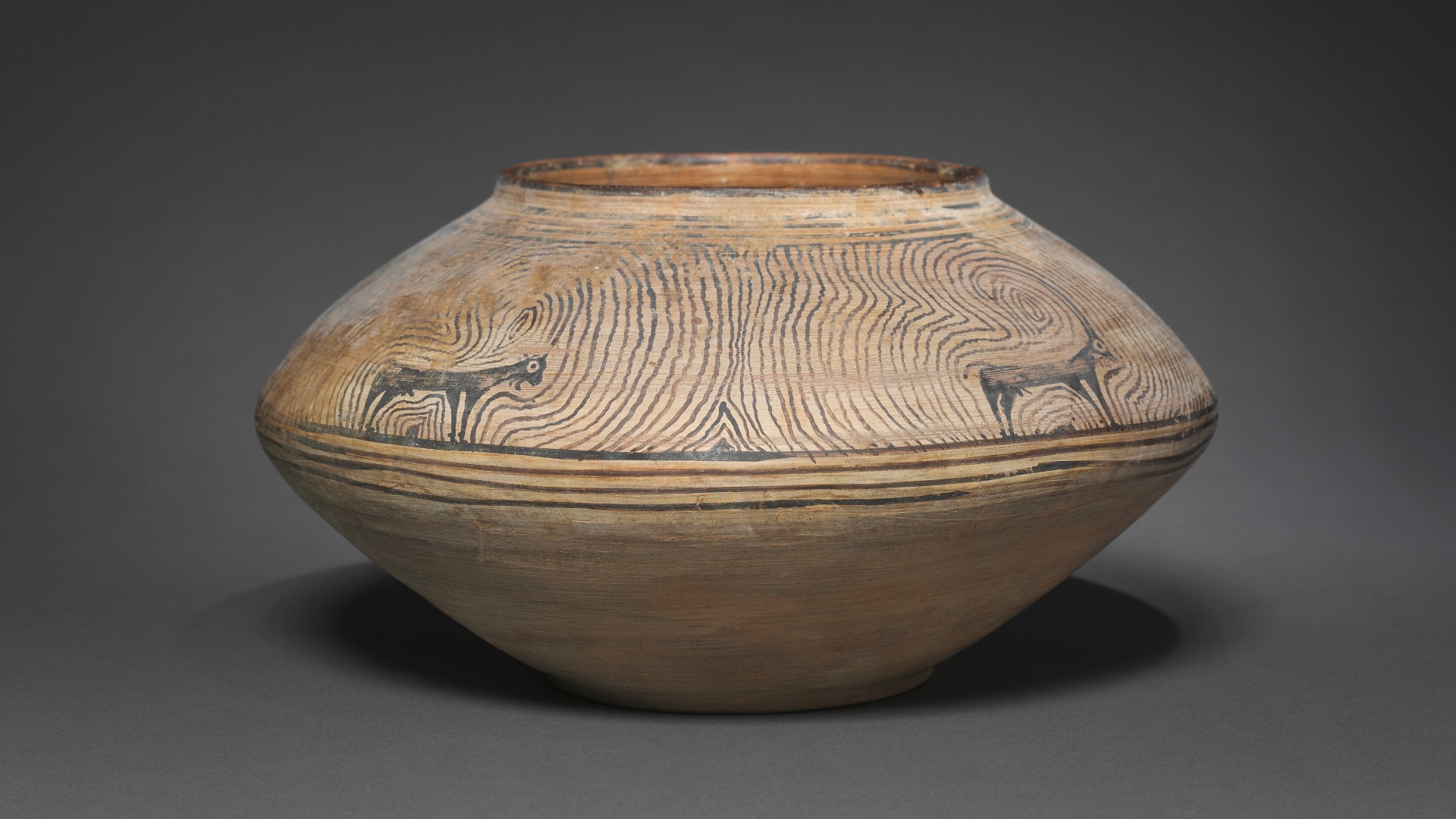 An Indus Valley Civilization ceramic vessel decorated with four ibex, circa 2800 B.C to 2500 B.C., Pakistan, probably Quetta. It measures 4.8 by 9 inches (12.2 by 23 centimeters).