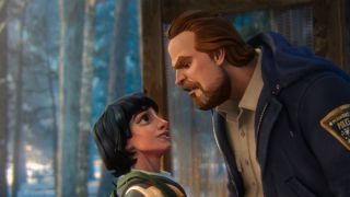 Hopper frowning in Mike's face in Stranger Things: Tales from '85