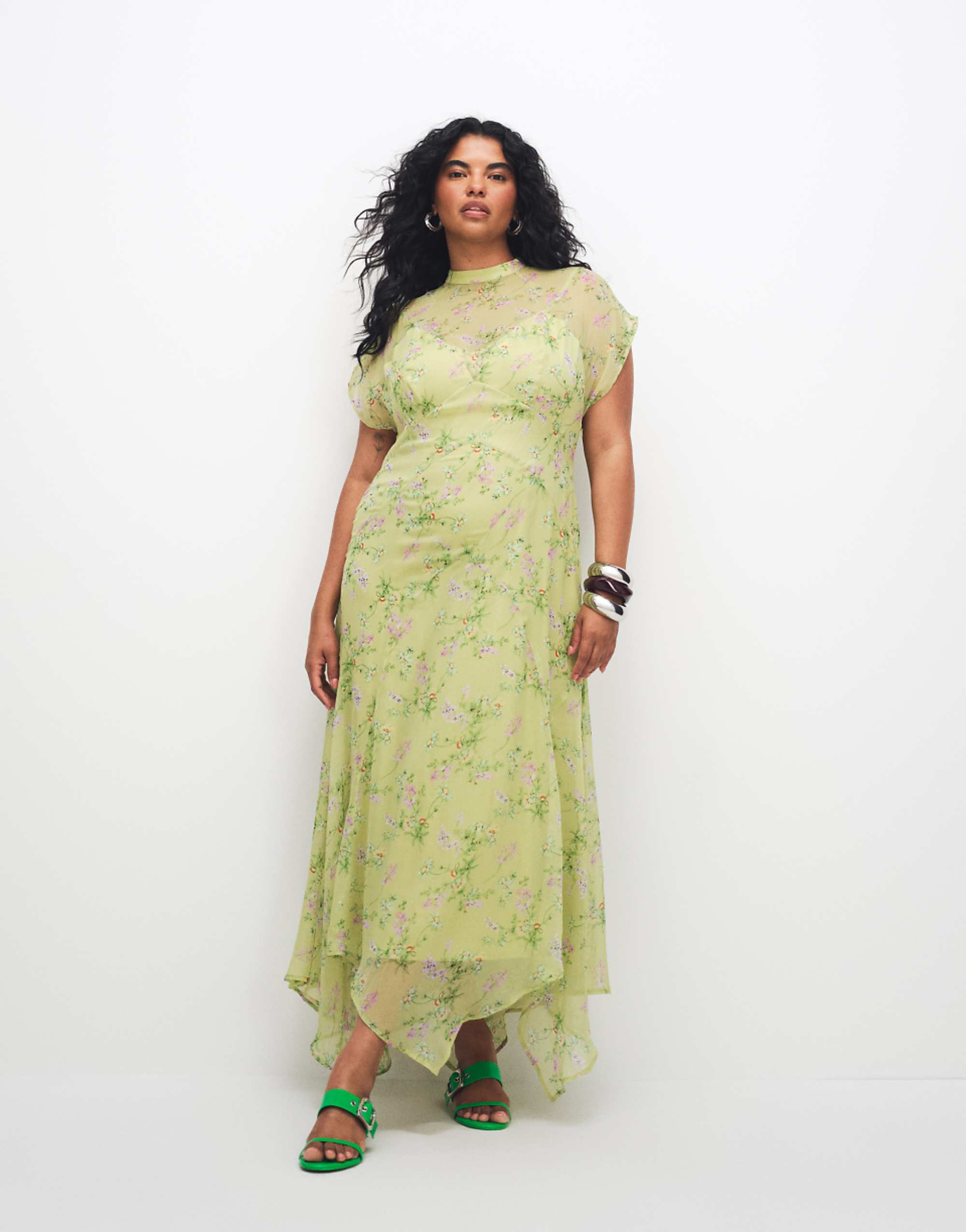 Asos Design Curve High Neck Hanky Hem Chiffon Maxi Dress in Lime Floral