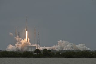 A SpaceX Falcon 9 v1.1 rocket launches into space cfrom Cape Canaveral Air Force Station on April 18, 2014 to delivery an unmanned Dragon cargo ship to the International Space Station, the company's third resupply flight for NASA.