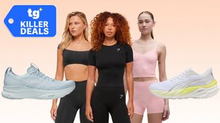 Models with Lululemon and Gymshark products and asics/ puma shoes on gradient background with Tom's Guide deal badge