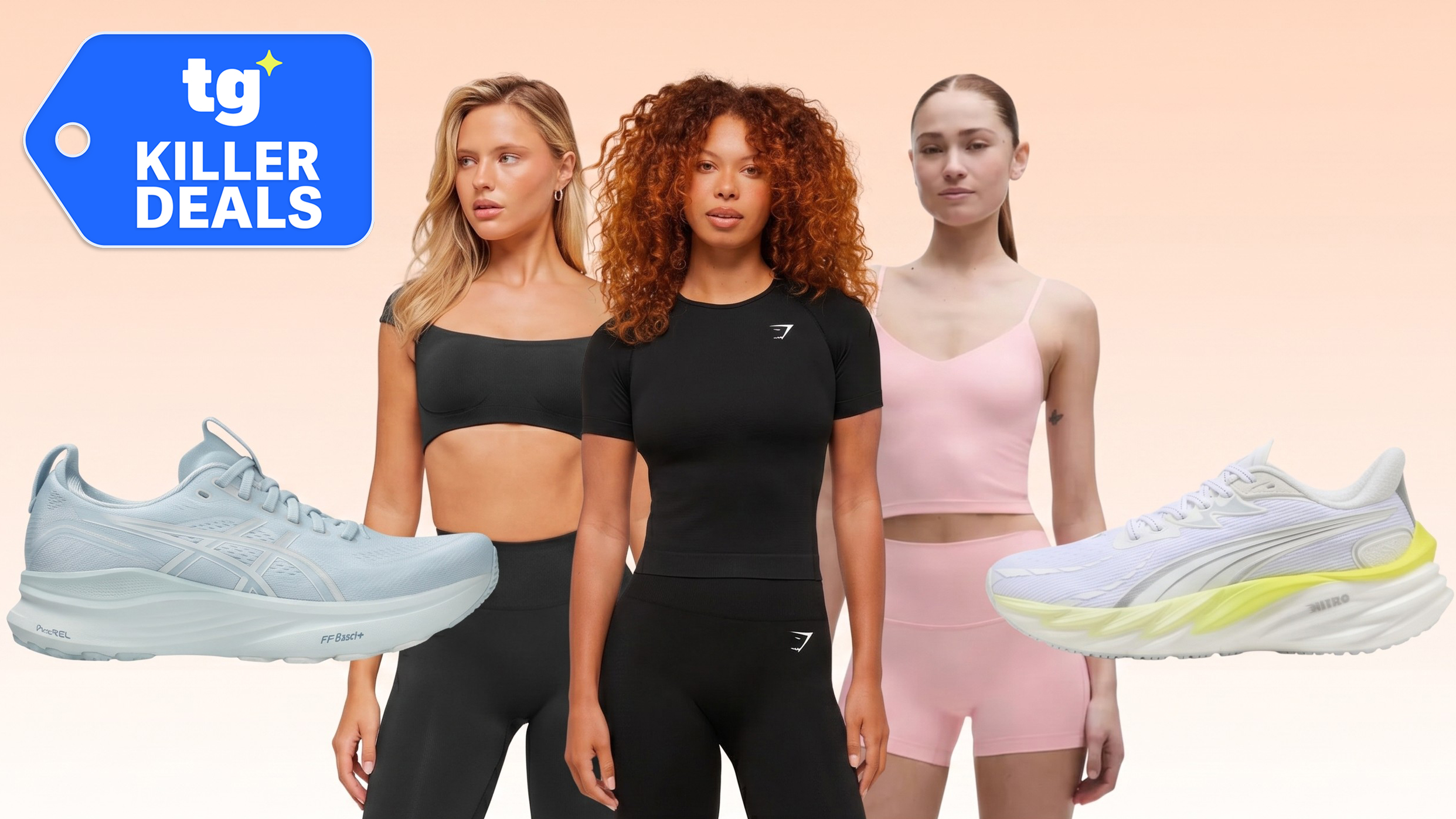 Models with Lululemon and Gymshark products and asics/ puma shoes on gradient background with Tom's Guide deal badge