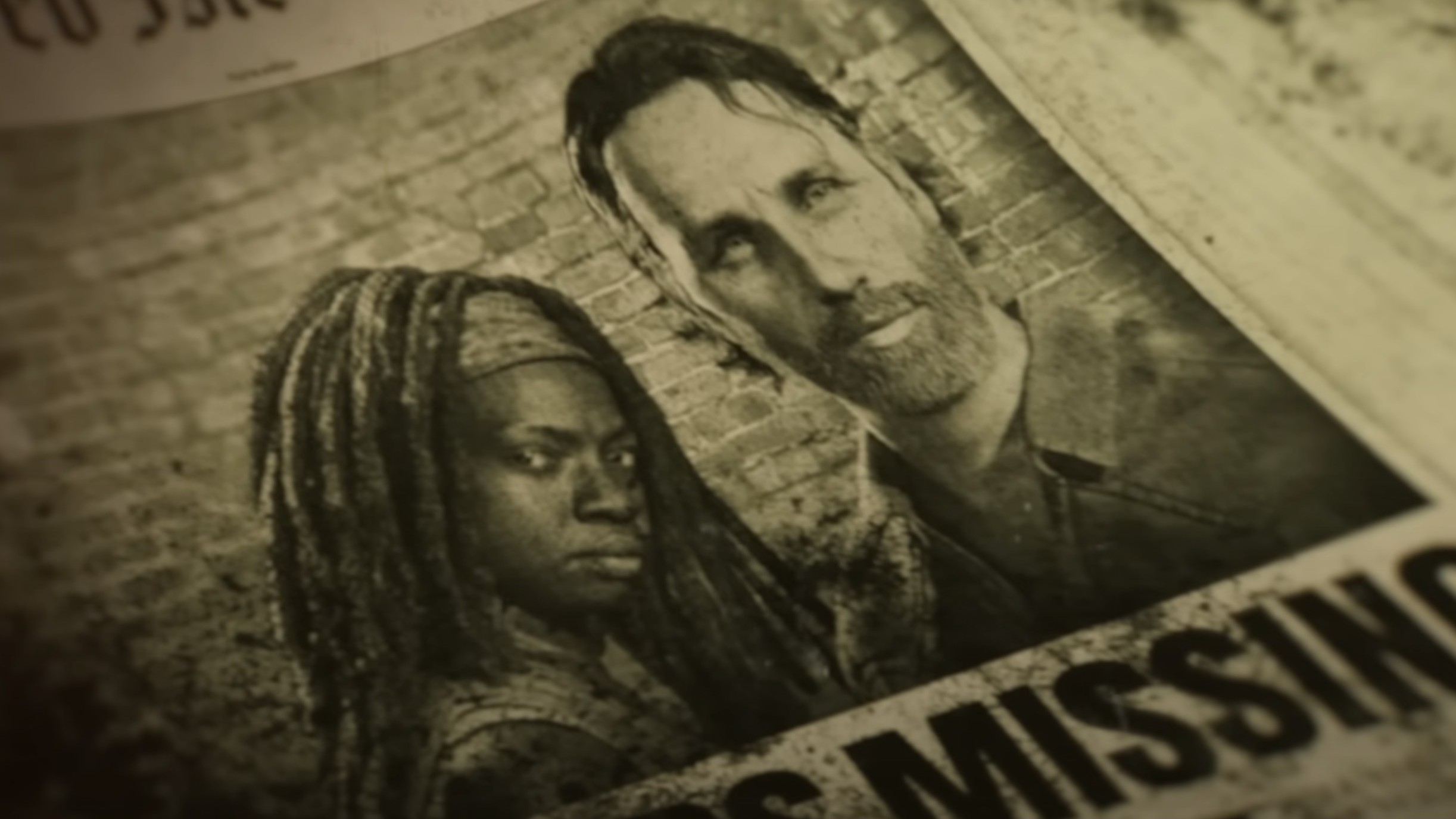 A picture of Michonne and Rick Grimes in a newspaper with the word &quot;MISSING&quot; below them. The picture is worn down and using the models from Dead by Daylight&#039;s The Walking Dead chapter. 