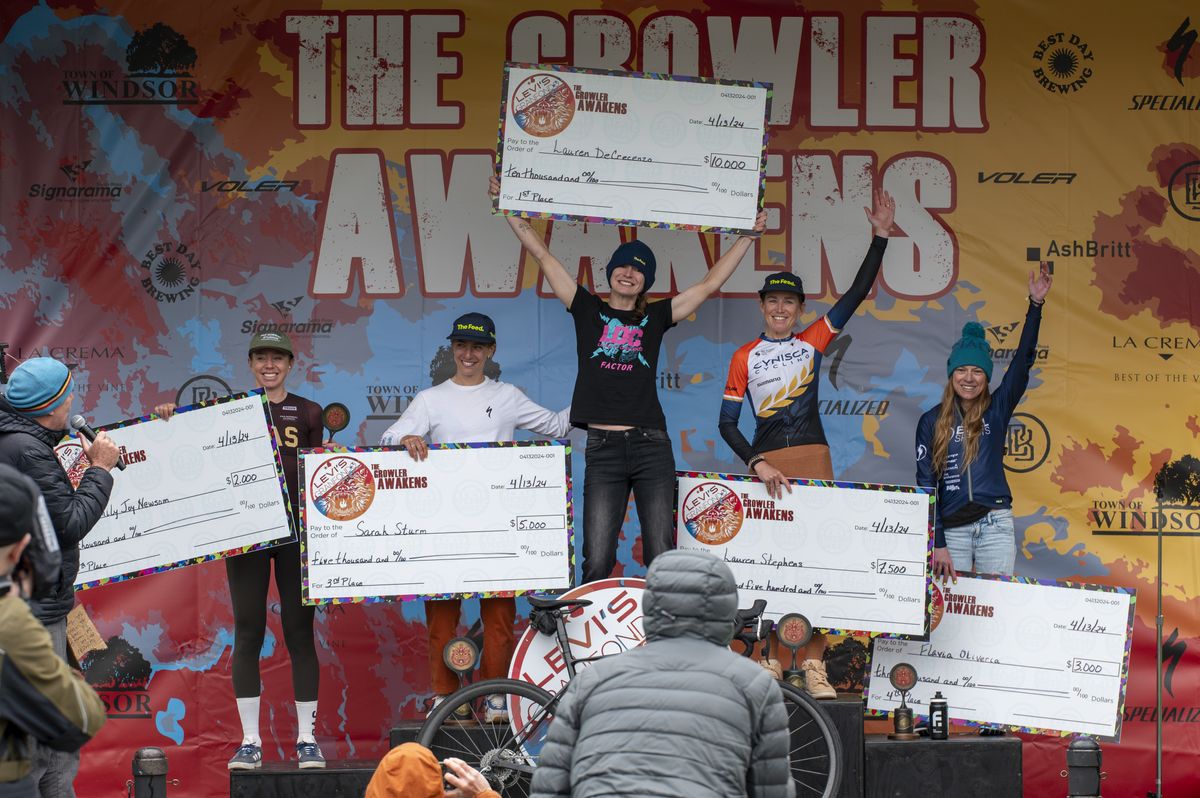 Women's 2024 podium at The Growler, with race winner Lauren De Crescenzo on top step