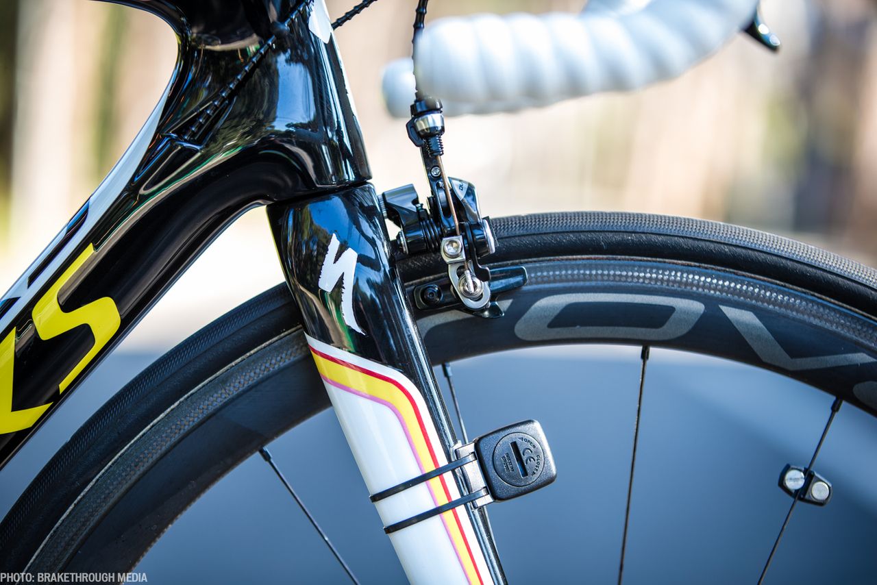 The colours on the fork represent Contador's home city, white for Madrid, yellow for his Tour de France victories, red for his Vuelta a Espana victories and pink for his Giro d'Italia win.