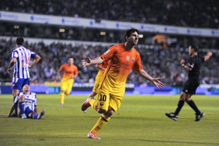 Lionel Messi celebrates one of his goals for Barcelona against Deportivo La Coruña at Riazor in October 2012.