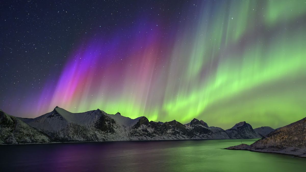 northern lights above mountains and water below. The sky is colored by colorful ribbons of light dancing along, they are mainly green with some purple and red on the left.