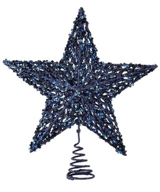 A navy blue star-shaped Christmas tree topper with sequins, beads and glitter