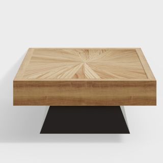 low wooden coffee table with natural wood top and black base