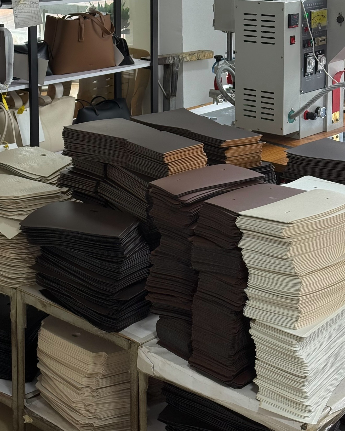 Different vegan leather textiles at manufacturing factory.