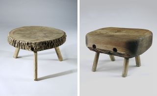 a low table made of ash wood from the 1930s and a slab-top stool from continental Europe