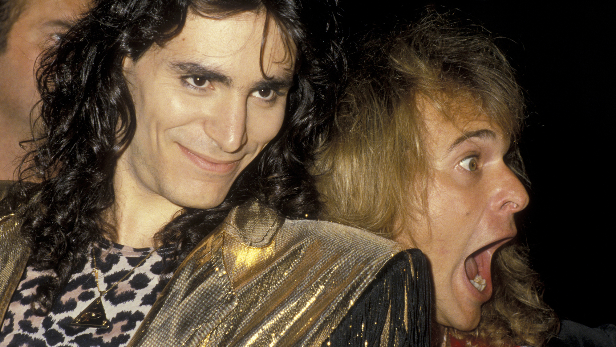 Steve Vai and David Lee Roth attend the premiere of "Crossroads" on March 7, 1986 at Mann Chinese Theater in Hollywood, California.