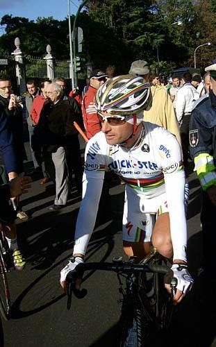 Two time UCI World Road Champion Paolo Bettini (Quick.Step-Innergetic) rolls in to the start line.