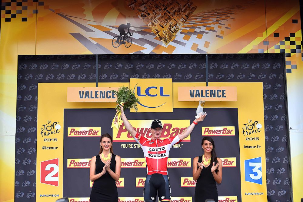 Andre Greipel on the stage 15 podium fater taking the win.