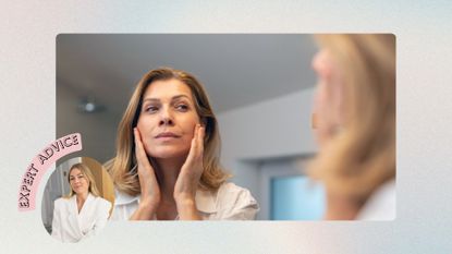 woman looking in the mirror with a headshot of Michaela Bolder in the corner