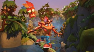 Crash Bandicoot 4 multiplayer: Crash Bandicoot and Aku Aku grind on a rail