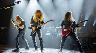 (from left to right) James LoMenzo, Dave Mustaine and Kiko Loureiro from the band Megadeth perform on stage at the Sentrum Scene on June 05, 2022 in Oslo, Norway