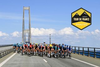 NYBORG DENMARK JULY 02 A general view of the Peloton passing through the Gran Belt Bridge during the 109th Tour de France 2022 Stage 2 a 2022km stage from Roskilde to Nyborg TDF2022 WorldTour on July 02 2022 in Nyborg Denmark Photo by Tim de WaeleGetty Images