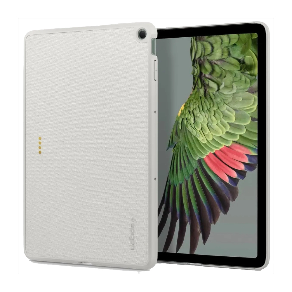 A white render of the Spine case for the Google Pixel Tablet.