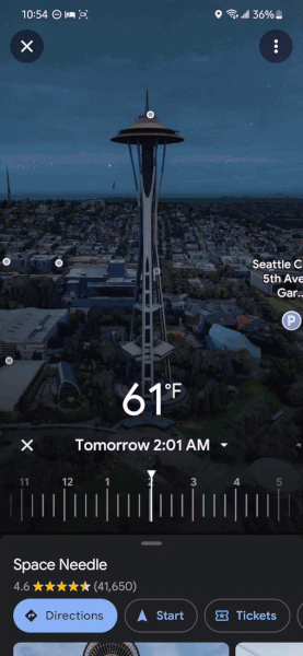 Usando o controle deslizante Hora e clima na visualização imersiva do Google Maps
