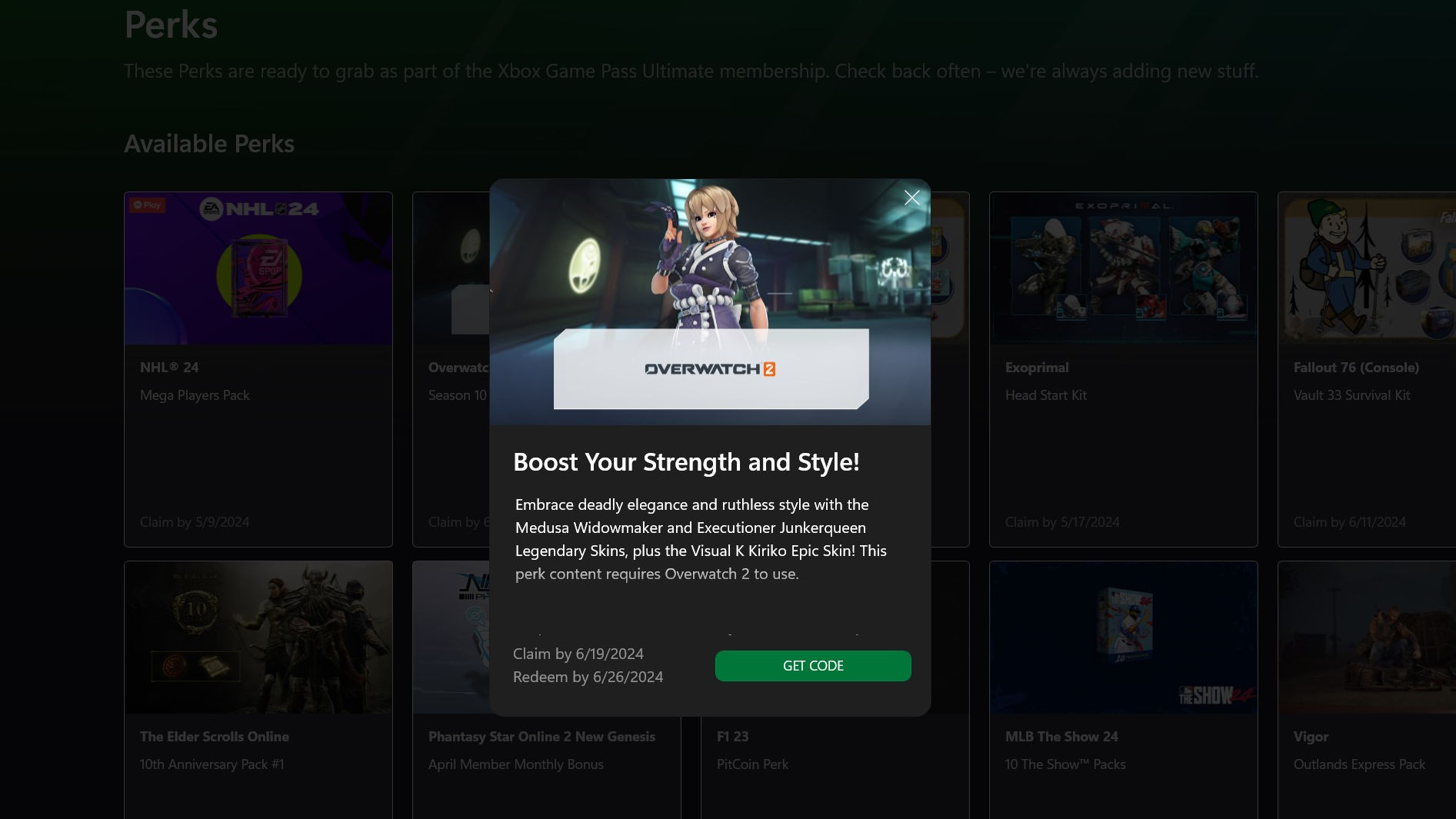 Xbox Game Pass app on PC with Overwatch 2 skins for free.