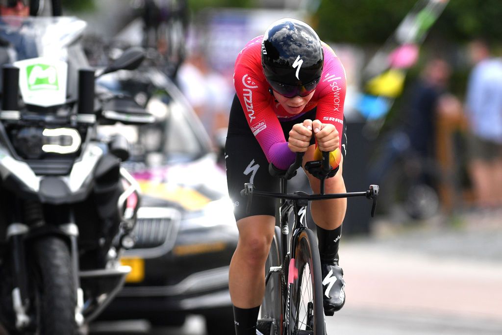 GAVERE BELGIUM JUNE 23 Lotte Kopecky of Belgium sprints during the 123rd Belgian Road Championship 2022 Womens Individual Time Trial a 23km individual time trial one day race from Gavere to Gavere ITT BelgianCycling140 on June 23 2022 in Gavere Belgium Photo by Luc ClaessenGetty Images