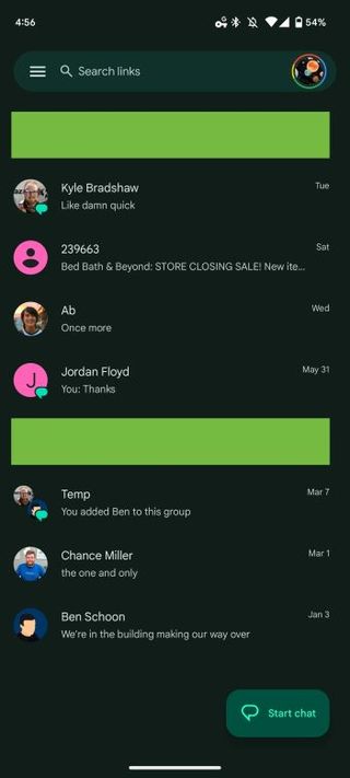 Google Messages conversation list showing RCS badge in the bottom right corner of user avatars