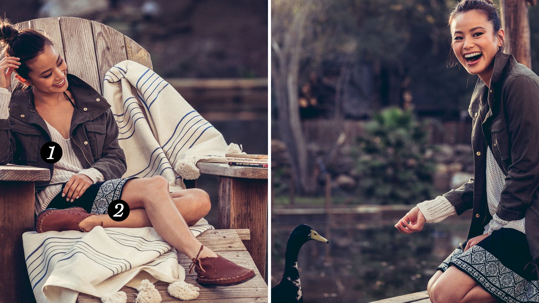 Outerwear, Fashion accessory, Street fashion, Bag, Laugh, Lap, Natural material, Bird, Scarf, Boot,