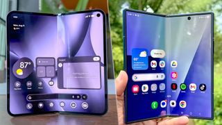 Pixel 10 Pro Fold and Galaxy Z Fold 7 shown in hand