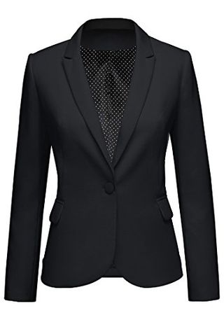 ACKKIA Women's Black Business Casual Notched Lapel Pocket Button Work Office Blazer Jacket Suit Size M