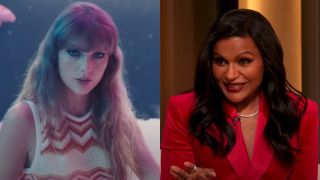 From left to right: Taylor Swift in the Lavender Haze music video and Mindy Kaling on The Drew Barrymore Show.