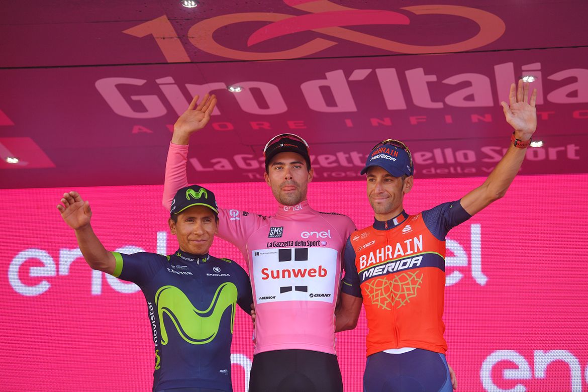 Overall Winner Tom Dumoulin, runner-up Nairo Quintana and third-placed Vincenzo Nibali on the Giro d'Italia podium