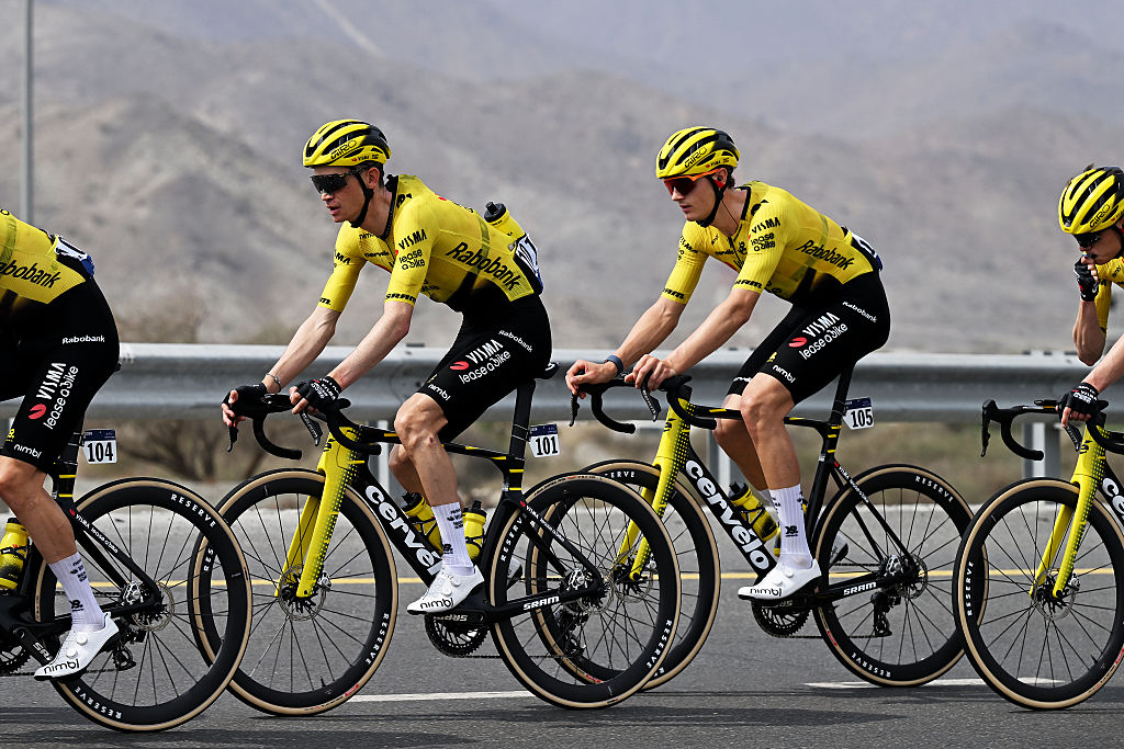 AL MOUJ MUSCAT, OMAN - FEBRUARY 06: (L-R) Sepp Kuss of United States and Aldo Taillieu of Belgium and Team Visma | Lease a Bike compete during the 4th Muscat Classic 2026 a 176.2km stage from Al Mouj to Al Bustan on February 06, 2026 in Muscat, Oman. (Photo by Dario Belingheri/Getty Images)