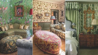 three images of maximalist house interior