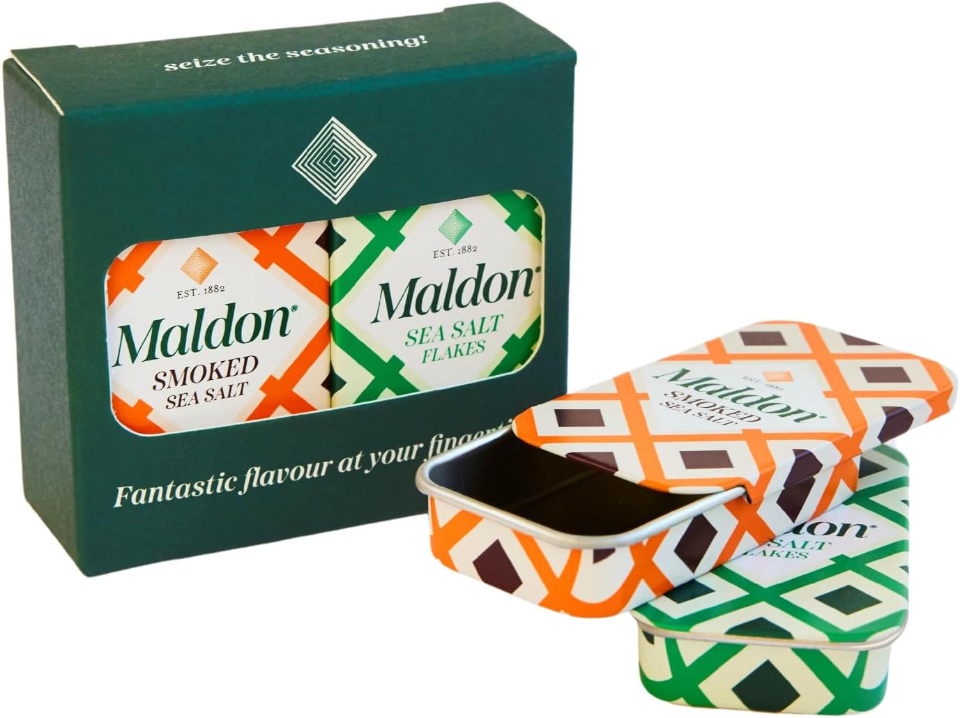 Maldon Salt - Pinch Tin Set - 2 X Original Sea Salt Pinch Tins and 2 X Smoked Sea Salt Pinch Tins - Pocket Sized Tins - Perfect for Picnics and Travel - 4 Tins (salt Not Included)