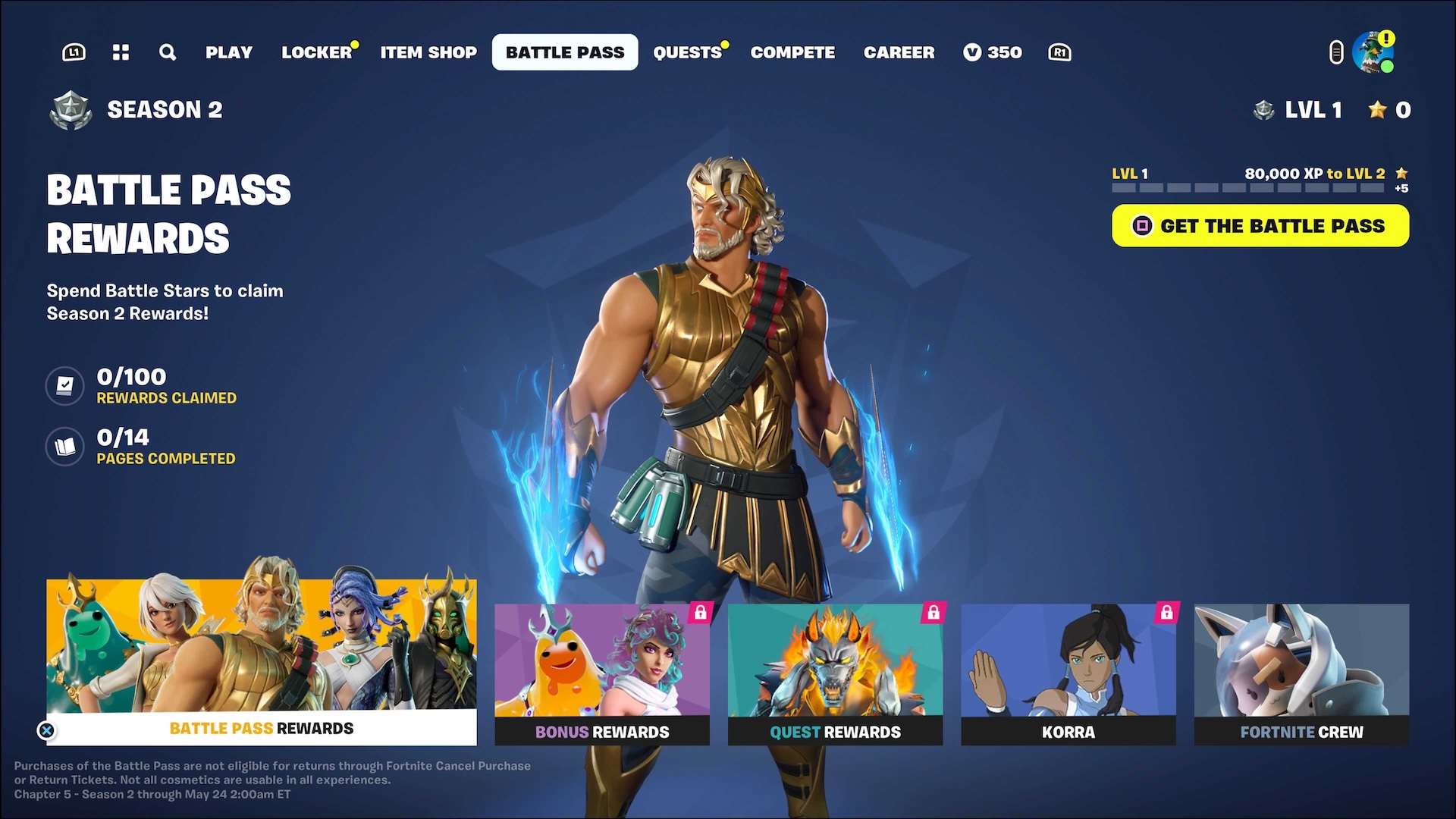 Zeus standing in the Battle Pass screen in Fortnite