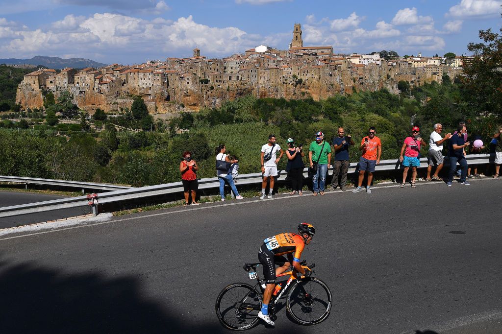 SATURNIA ITALY SEPTEMBER 09 Hermann Pernsteiner of Austria and Team Bahrain Mclaren Pitigliano Village Public Fans Landscape during the 55th TirrenoAdriatico 2020 Stage 3 a 217km stage from Follonica to Saturnia 294m TirrenAdriatico on September 09 2020 in Saturnia Italy Photo by Justin SetterfieldGetty Images