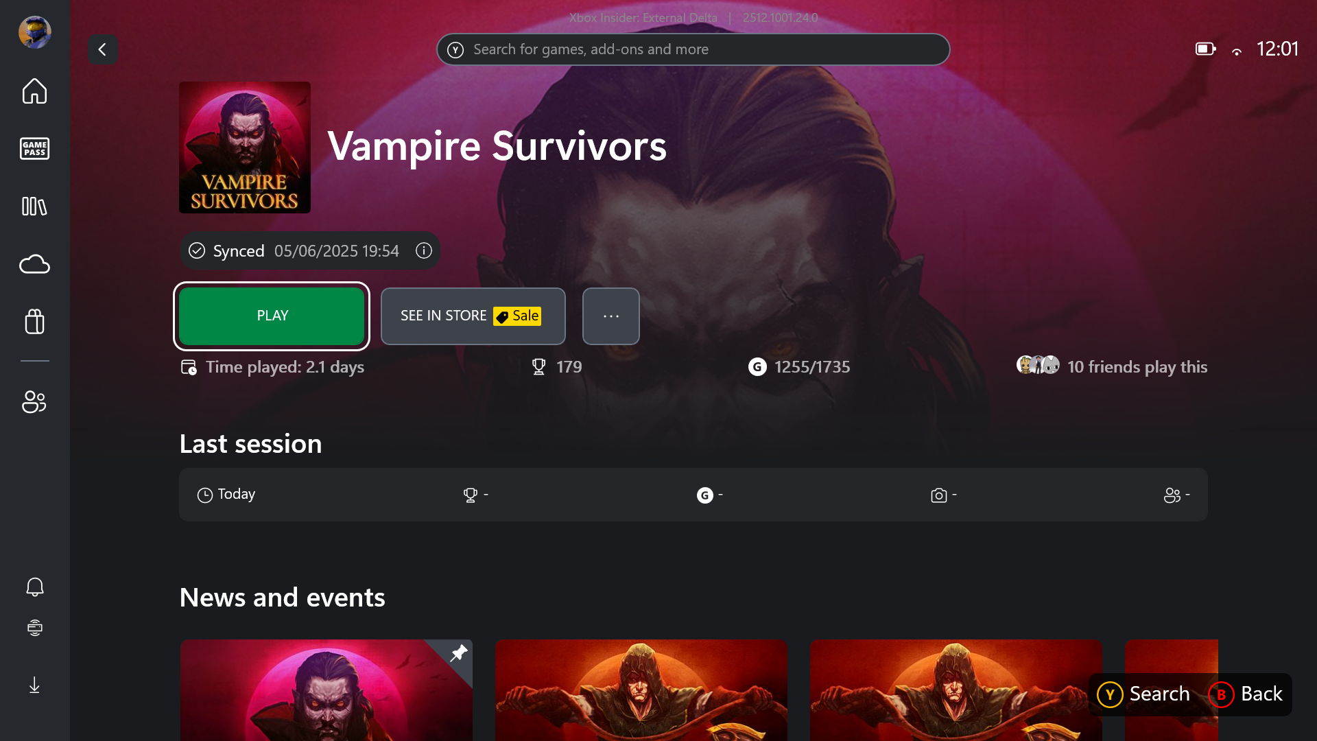 Screenshot of Xbox app showing games with cloud save indicator