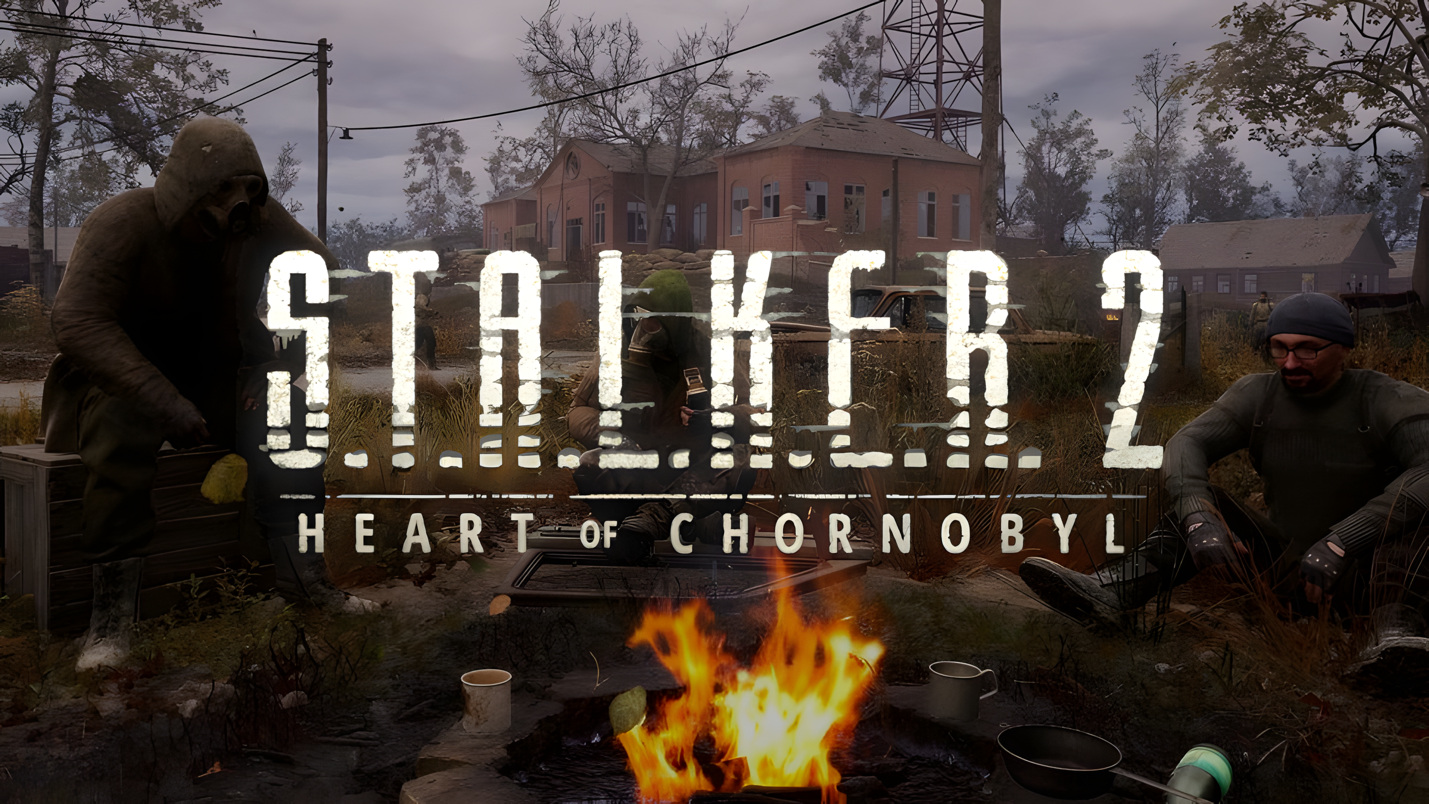 Stalker 2 logo on top of a scene showing three characters sitting around a campfire. 