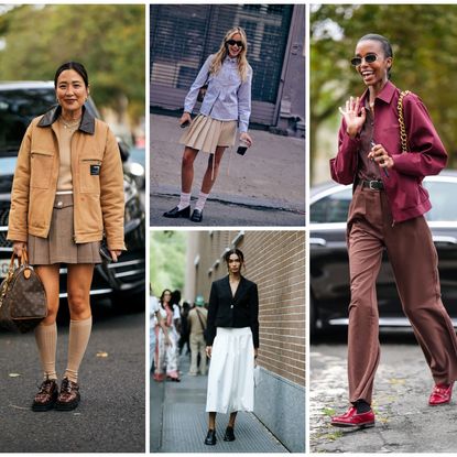 a collage of four women at fashion week wearing loafer outfits
