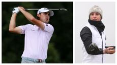 Jacob Skov Olesen holding the pose after hitting an iron shot and Darcey Hall holding a driver