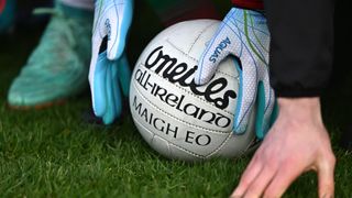 Mayo , Ireland; A general view of a football before the 2026 GAA Allianz Football League Division 1 match between Mayo and Derry at Hastings Insurance MacHale Park in Castlebar, Mayo. (Photo By Piaras &Oacute; M&iacute;dheach/Sportsfile via Getty Images)