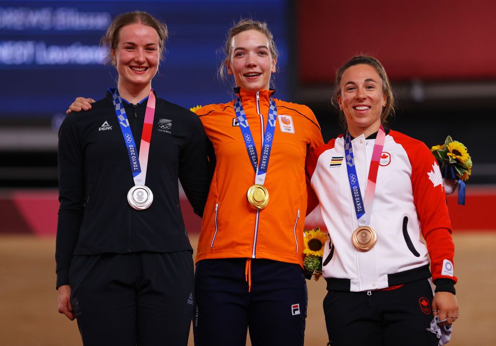 IZU JAPAN AUGUST 05 LR Silver medalist Ellesse Andrews of Team New Zealand gold medalist Shanne Braspennincx of Team Netherlands and bronze medalist Lauriane Genest of Team Canada pose on the podium during the medal ceremony after the Womens Keirin final of the track cycling on day thirteen of the Tokyo 2020 Olympic Games at Izu Velodrome on August 05 2021 in Izu Japan Photo by Tim de WaeleGetty Images