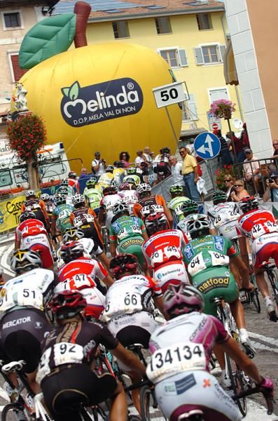 The peloton has 50 metres remaining in one of the Trofeo Melinda's finishing circuits.