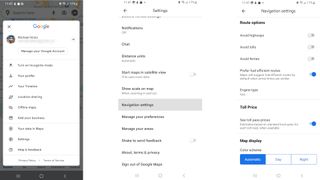 Screenshots showing how to find Navigation Settings in Google Maps to change to fuel-efficient routing.